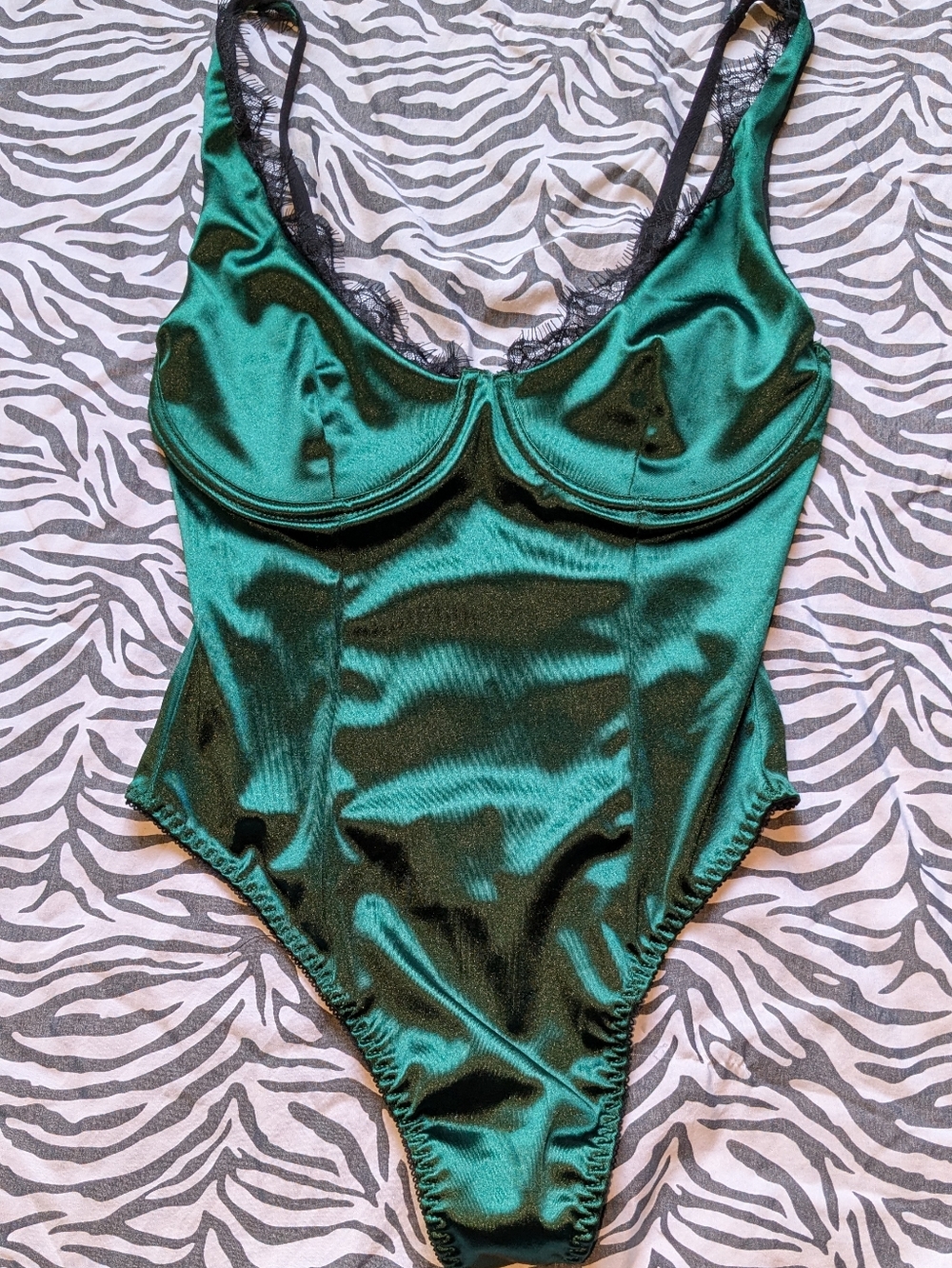 Forever 21 Emerald Satin Lace-Trim Bodysuit